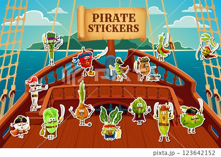 Cartoon pirate and corsair vegetable characters stickers pack. Vector veggies dressed as freebooters and holding weapons on a ship deck. Playful and adventurous patches with healthy food personages Cartoon pirate and corsair vegetable characters stickers pack. Vector veggies dressed as freebooters and holding weapons on a ship deck. Playful and adventurous patches with healthy food personages 123642152