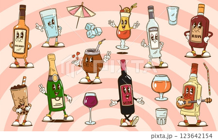 Groovy drinks and alcohol beverage characters of vector bottles and glasses. Retro hippie wine, champagne, vodka and whiskey alcohol drinks. Cartoon groovy bubble coffee, rum and tequila characters 123642154