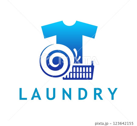 Laundry icon for clothes wash service or laundromat, T shirt and splash vector emblem. Laundry or dry cleaning service icon of washing machine tumble spin and clothes bin basket with water splash Laundry icon for clothes wash service or laundromat, T shirt and splash vector emblem. Laundry or dry cleaning service icon of washing machine tumble spin and clothes bin basket with water splash 123642155