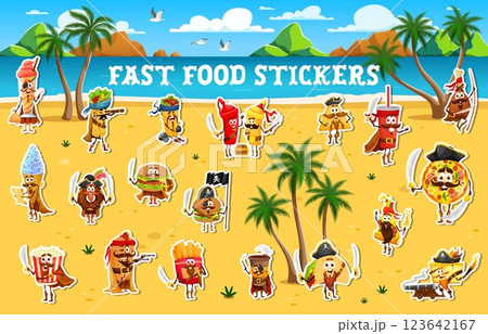 Cartoon fast food pirates and corsairs stickers pack. Vector ice cream, burrito, ketchup or mustard bottles, soda, pizza, burger, pretzel and popcorn. French fries, hotdog, taco, donut on sunny beach Cartoon fast food pirates and corsairs stickers pack. Vector ice cream, burrito, ketchup or mustard bottles, soda, pizza, burger, pretzel and popcorn. French fries, hotdog, taco, donut on sunny beach 123642167