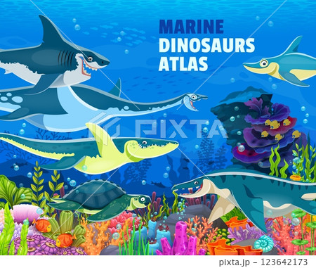 Dino atlas book cover with underwater dinosaur characters swimming among colorful corals and fish. Cartoon vector vibrant scene showcasing various marine dino species and marine life exploration 123642173