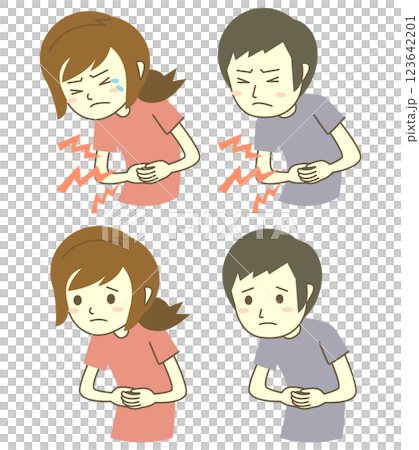 一組患有胃痛的男性和女性的插圖 123642201