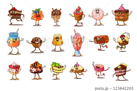 Funny groovy cakes and desserts characters. Vector set of cartoon sweet treats. Jelly, cupcake, muffin and donut, jam or honey jar, cocktail glass, roll and pie, cheesecake, and macaroon pastries 123642203