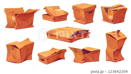 Broken, damaged and crumpled cargo cardboard box packages, crushed and ripped delivery parcels. Vector old brown paper boxes with open, damaged and ripped lids, dirty and torn sides, holes and stains Broken, damaged and crumpled cargo cardboard box packages, crushed and ripped delivery parcels. Vector old brown paper boxes with open, damaged and ripped lids, dirty and torn sides, holes and stains 123642204