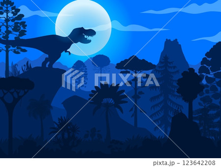 Tyrannosaurus T Rex dinosaur in prehistoric tropical jungle forest, vector cartoon background. T Rex tyrannosaurus silhouette roaring on mountain rock for Jurassic era museum or paleontology atlas 123642208