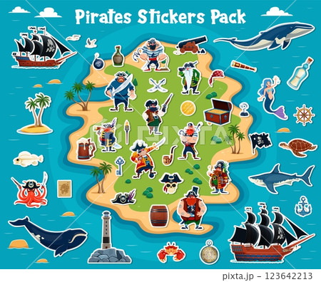 Cartoon pirates and piracy stickers pack with ships, treasure and ocean creatures on tropical island. Vector patches with corsairs, whimsical mermaids and sea life as whale, shark, turtle and octopus Cartoon pirates and piracy stickers pack with ships, treasure and ocean creatures on tropical island. Vector patches with corsairs, whimsical mermaids and sea life as whale, shark, turtle and octopus 123642213
