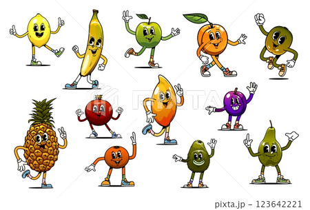 Cartoon groovy fruit characters, retro tropical berry farm food vector personages. Funny psychedelic mango, pineapple, lemon and apple. Groovy hippie avocado, banana, kiwi and orange fruits characters 123642221