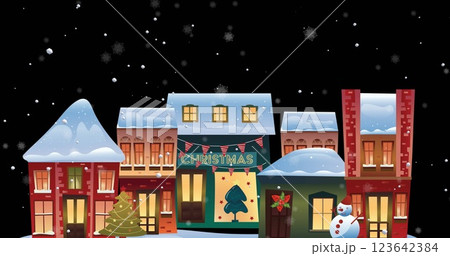 Image of snow falling over christmas winter scenery with houses background 123642384