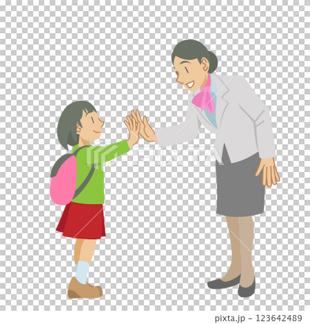キャビンアテンダントとハイタッチする少女 キャビンアテンダントとハイタッチする少女 123642489