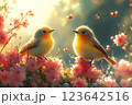 春の花咲く小枝にとまる可愛い二匹の小鳥イメージイラスト 123642516