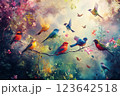 色とりどりの小鳥たちが乱舞する飛び立つ小鳥 123642518