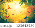 南国の木々と飛び回るカラフルな鳥 123642520