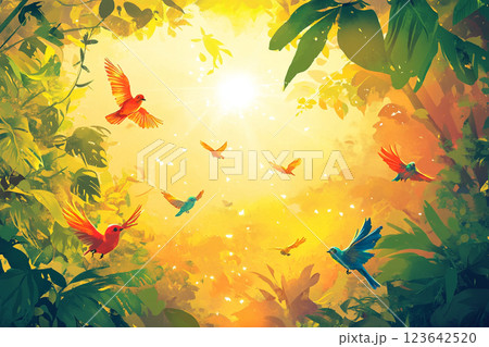 南国の木々と飛び回るカラフルな鳥 南国の木々と飛び回るカラフルな鳥 123642520