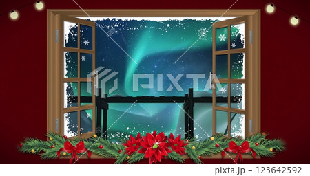 Image of christmas winter scenery and snow falling seen through window Image of christmas winter scenery and snow falling seen through window 123642592
