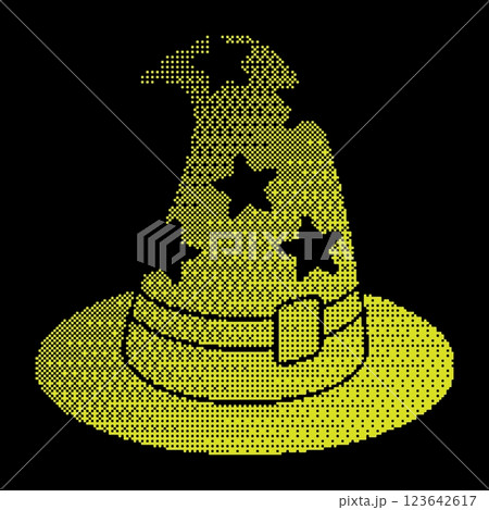 Pixel magician top hat silhouette icon. Wizard hat with star ornament. Pointed headdress of stargazer fortune teller. Simple black and yellow vector isolated on black 123642617