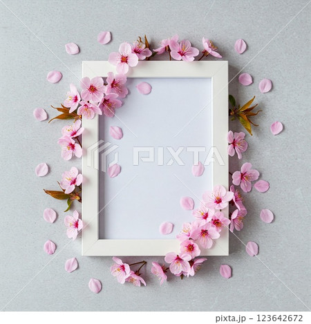 桜舞い散る、春の白いフォトフレーム 123642672