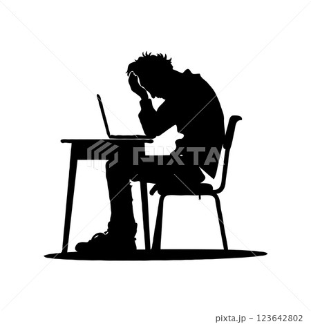 Silhouette of a stressed person at a desk with a laptop on a white background. Concept of stress and frustration, burnout 123642802