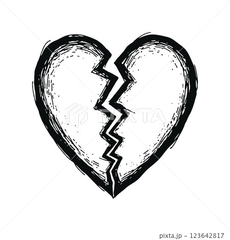 A broken heart drawn in a sketch style, featuring bold black strokes on a white background, symbolizing heartbreak and sadness. 123642817
