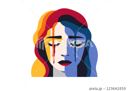 Abstract illustration of a woman's face with vibrant red, yellow, and blue dripping tears. Woman in depression. Concept of mental disorder, affliction, sorrow and anxiety. 123642850
