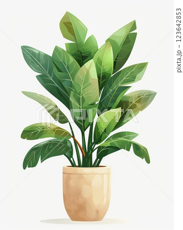 Potted plant Fiddle Leaf Fig with large green leaves, digital art style on white background, concept of nature indoors 123642853
