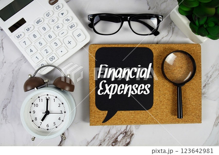 Financial Expenses text on speech bubble with alarm clock, calculator and magnifying glass on marble background Financial Expenses text on speech bubble with alarm clock, calculator and magnifying glass on marble background 123642981