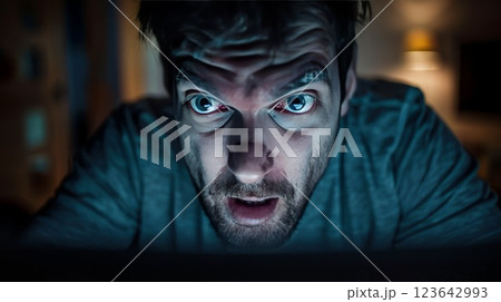 Man in plaid shirt shocked. Cyber bullying concept. Opinion and the pressure of society. 123642993