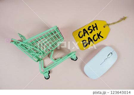 Cashback text on price tag with optical mouse and trolley shopping cart on pink background Cashback text on price tag with optical mouse and trolley shopping cart on pink background 123643014
