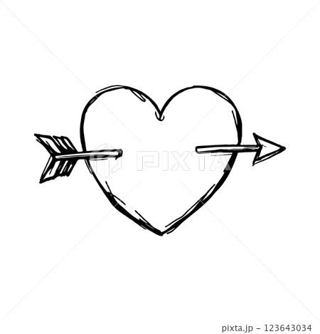 Black and white hand-drawn heart pierced by an arrow, minimalist style on a clean white background, symbolizing love and romance. Valentine's day illustration. 123643034