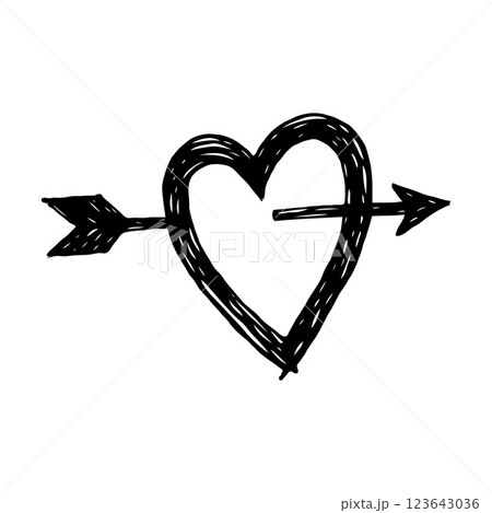 Hand-drawn heart pierced by an arrow, black sketch style, isolated on white background. Concept of love, romance, and affection. Valentine's day illustration. 123643036