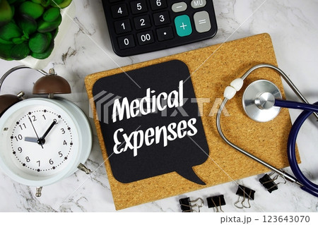 Medical Expenses text on speech bubble with alarm clock, magnifying glass and stethoscope on marble background Medical Expenses text on speech bubble with alarm clock, magnifying glass and stethoscope on marble background 123643070