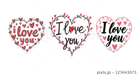 Three hand-drawn heart-shaped designs with I love you text, adorned with red patterns and details, on a white background, Valentine's day, wedding illustration. Three hand-drawn heart-shaped designs with I love you text, adorned with red patterns and details, on a white background, Valentine's day, wedding illustration. 123643073