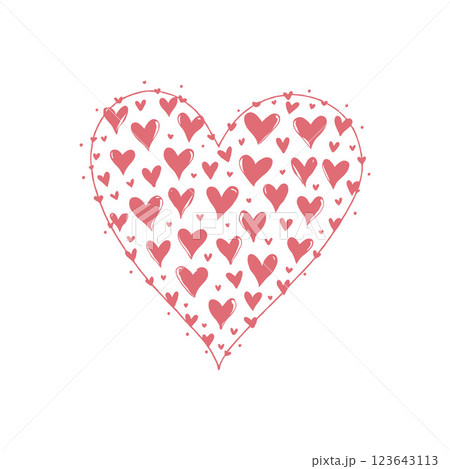 Large hand-drawn heart filled with smaller pink hearts, simple line art on white background, symbolizing love and affection. Valentine's day, wedding illustration. Large hand-drawn heart filled with smaller pink hearts, simple line art on white background, symbolizing love and affection. Valentine's day, wedding illustration. 123643113