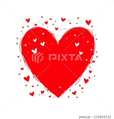 Red heart illustration with white and red smaller hearts scattered around, hand-drawn style, on a plain white background, Valentine's day illustration. Red heart illustration with white and red smaller hearts scattered around, hand-drawn style, on a plain white background, Valentine's day illustration. 123643132