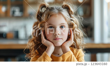 Young girl with curly hair, wearing a yellow sweater, rests her face on hands, seated indoors. Bright bokeh background, cozy atmosphere 123643160