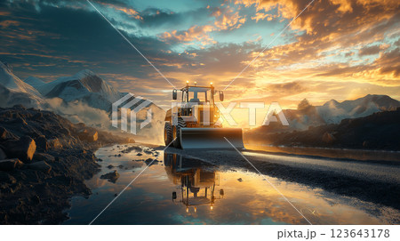 Dynamic paving machine laying asphalt in scenic mountain landscape during sunset 123643178