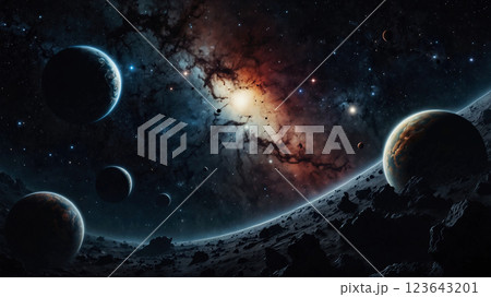 宇宙空間に浮かぶ星雲と星 123643201