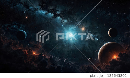 宇宙空間に浮かぶ星雲と星 宇宙空間に浮かぶ星雲と星 123643202