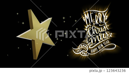 Merry christmas and happy new year text with rotating gold star on black background 123643236