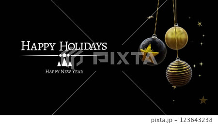 Happy holidays, happy new year text with black and gold christmas baubles and stars on black 123643238