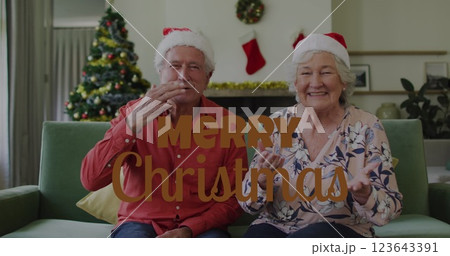 Image of christmas greetings text over senior caucasian couple in santa hats on sofa 123643391