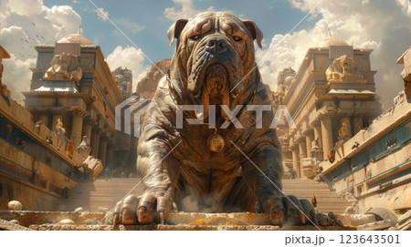 Visualize English Mastiffs as brave guardians alongside armored knights, standing strong in defense of castles. 123643501