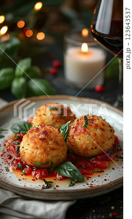 Elegant arancini on a sleek white plate in a sophisticated restaurant, garnished with fresh basil and a drizzle of marinara sauce. 123643537