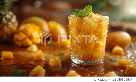 A vibrant glass filled with refreshing mango pineapple juice, topped with juicy pineapple chunks and a sprig of mint 123643564