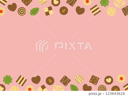 ハートやリフーなどのクッキーのイラストの横向きのフレーム_ピンク 123643628