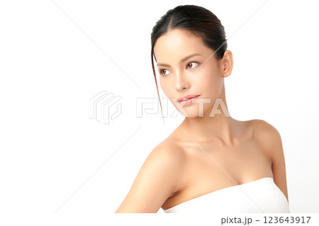 Beautiful young asian woman with clean fresh skin on white background, Face care, Facial treatment, Cosmetology, beauty and spa, Asian women portrait. Beautiful young asian woman with clean fresh skin on white background, Face care, Facial treatment, Cosmetology, beauty and spa, Asian women portrait. 123643917