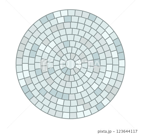 Paved circle pattern tile. Circular brick mosaic. Round radial stone pavement. Paving tile simple floor texture. Blue stones. Vector illustration isolated on white background Paved circle pattern tile. Circular brick mosaic. Round radial stone pavement. Paving tile simple floor texture. Blue stones. Vector illustration isolated on white background 123644117