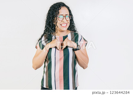 Woman with disgust face isolated. Girl in glasses with expression of disgust isolated. Woman with disgust face isolated. Girl in glasses with expression of disgust isolated. 123644284