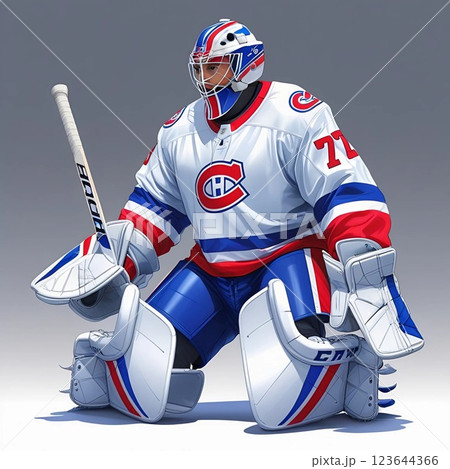 Ice hockey goalie in protective gear kneeling on the ice. Ice hockey goalie in protective gear kneeling on the ice. 123644366