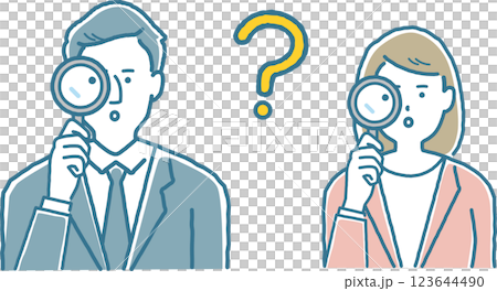 Business people looking through a magnifying glass, male and female 123644490