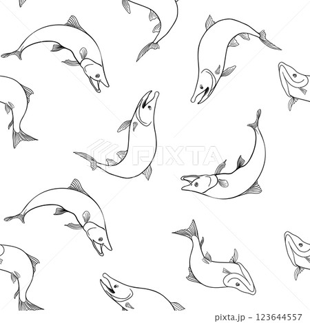 Trout black white vector seamless pattern. Salmon monochrome sketch hand drawn. Nerka swimming fish painted linear on repeat background. Variety sockeye in graphic for package, textile, wrapping paper Trout black white vector seamless pattern. Salmon monochrome sketch hand drawn. Nerka swimming fish painted linear on repeat background. Variety sockeye in graphic for package, textile, wrapping paper 123644557